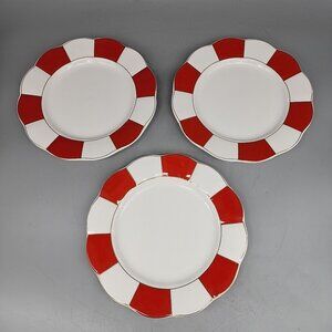 Cynthia Rowley Red & White Gold trim Scalloped Salad Plate 7.5 in set of 3
